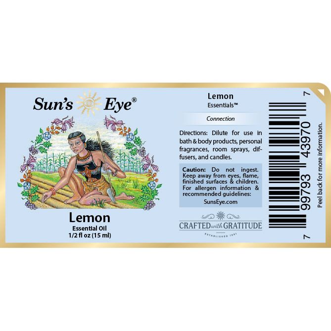 Sun's Eye Lemon Essential Oil label with artistic design and text. Sun's Eye Scentsium