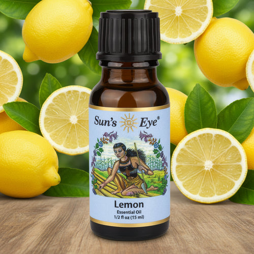 Sun's Eye Clove Essential Oil bottle on a  lemony background Sun's Eye Scentsium