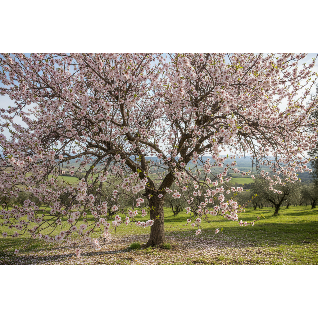 Blossoming almond tree in a field with a scenic background Sun's Eye Scentsium