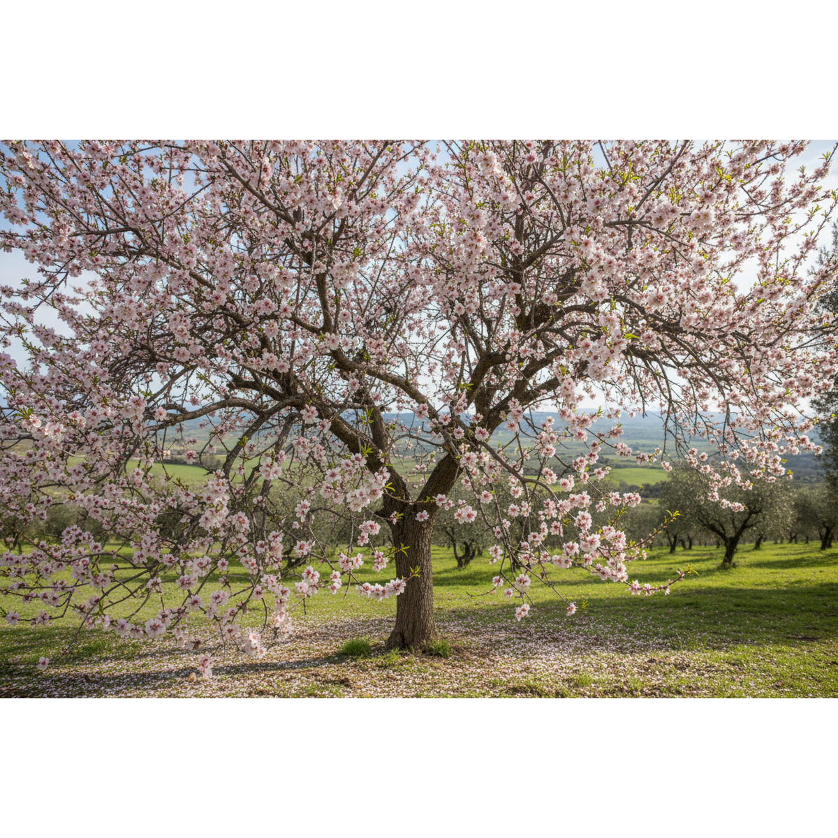 Blossoming almond tree in a field with a scenic background Sun's Eye Scentsium