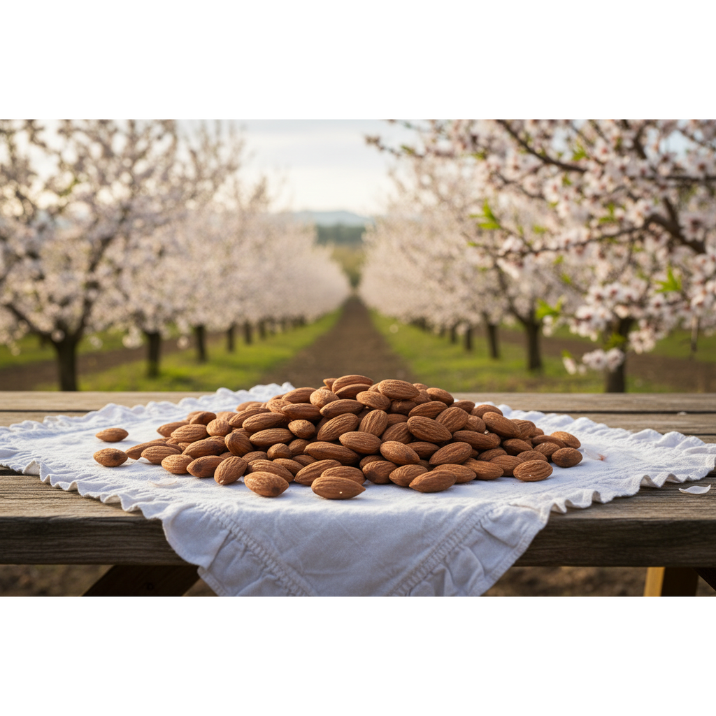 Almonds on a table with blooming almond trees in the background Sun's Eye Scentsium