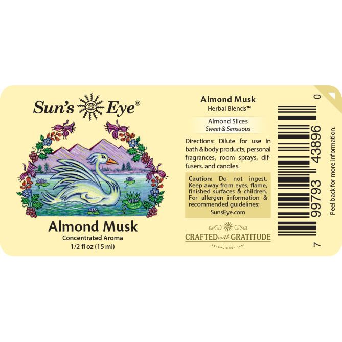 Sun's Eye Almond Musk herbal blends label with swan illustration and product details. Sun's Eye Scentsium
