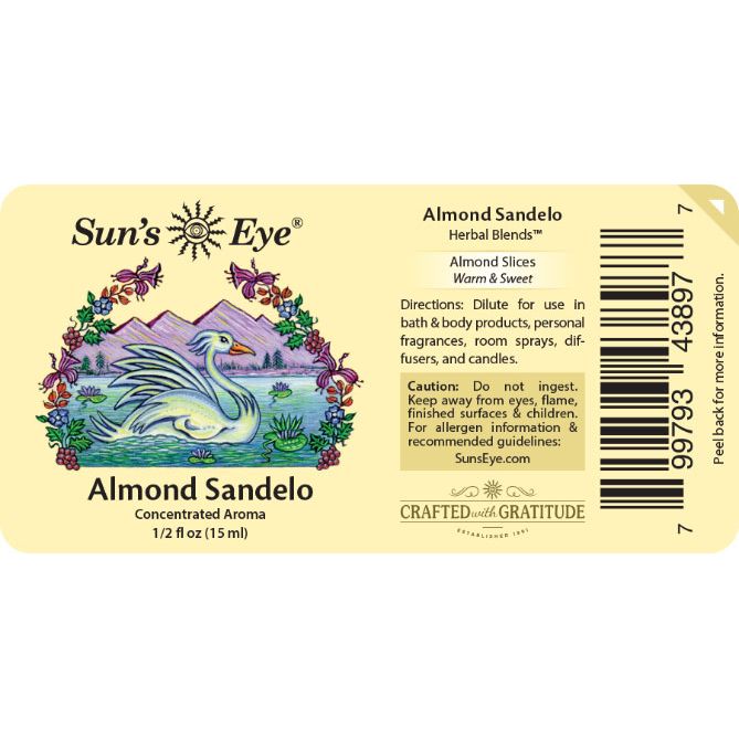Sun's Eye Almond Sandelo herbal blends label with swan illustration and product details. Sun's Eye Scentsium
