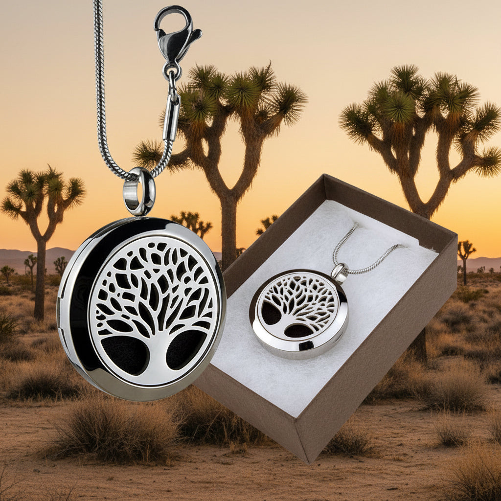 Silver tree-shaped locket necklace with a matching pendant in a box on a light gray background Sun's Eye Scentsium