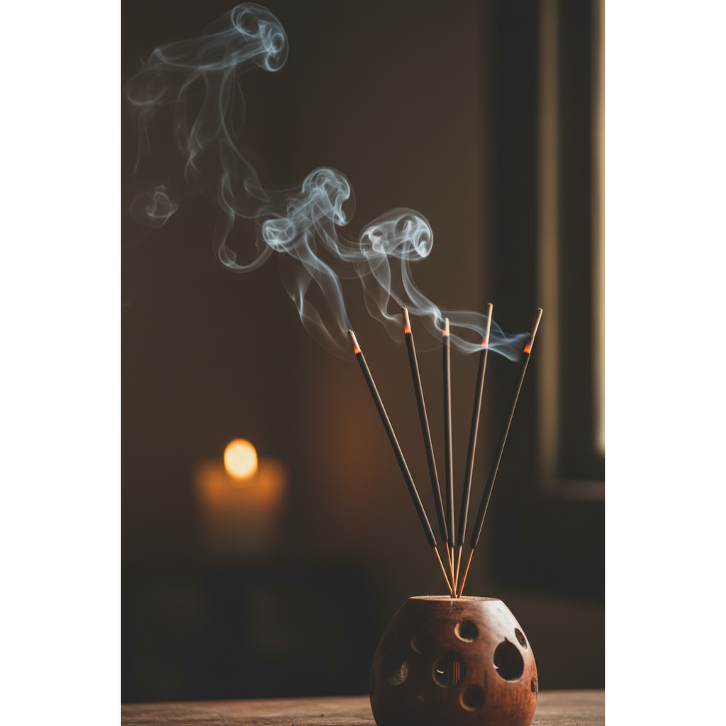 Incense sticks with smoke in a ceramic holder on a dark background Sun's Eye Scentsium