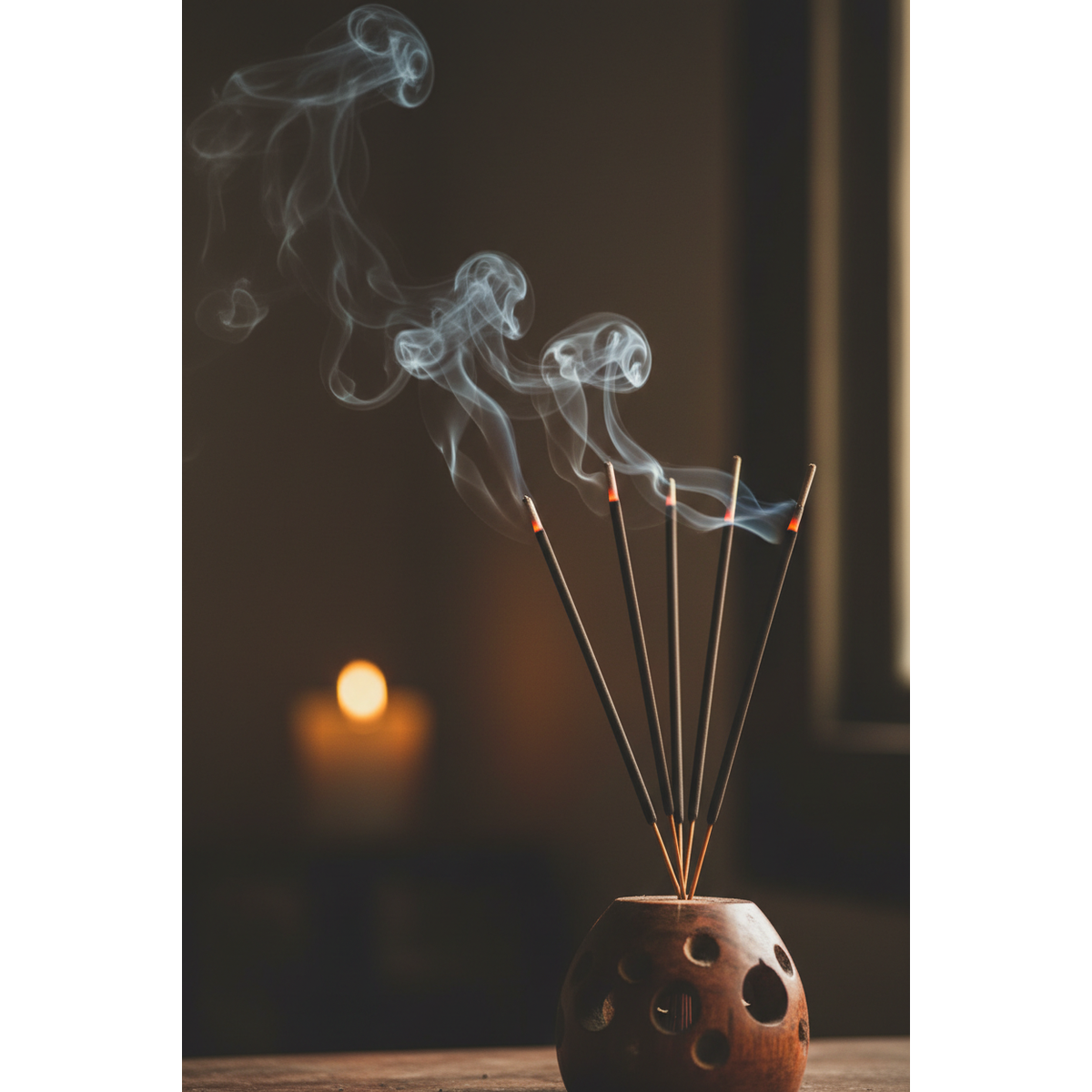 Incense sticks with smoke in a ceramic holder on a dark background Sun's Eye Scentsium
