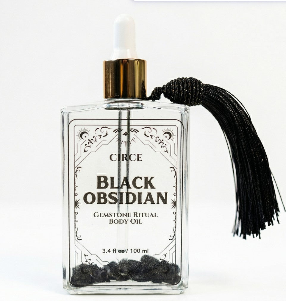 Aceite Corporal de Obsidiana Negra — Aceite Iluminador Protector y de Enraizamiento con Ámbar y Vainilla