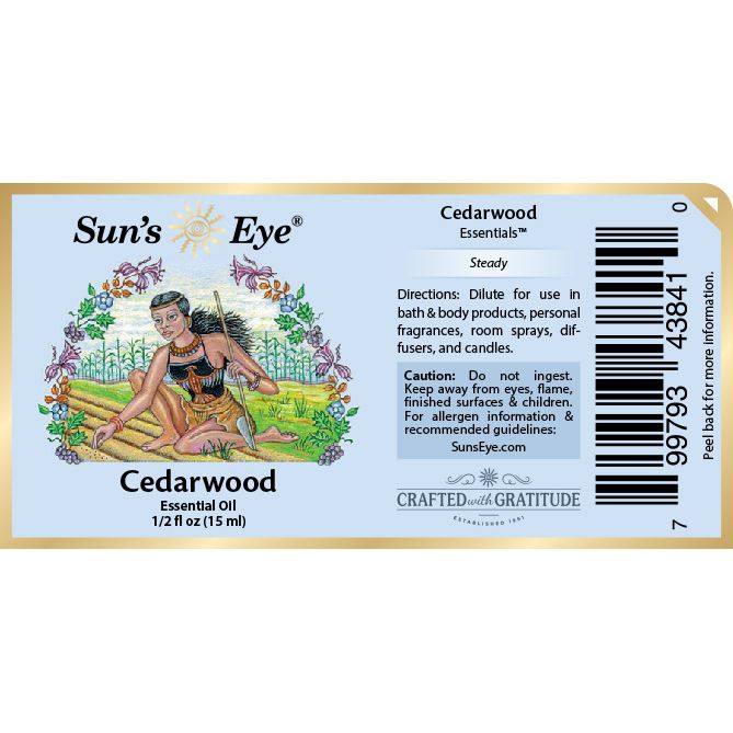 Sun's Eye Cedarwood essential oil label with artistic design and text. Sun's Eye Scentsium