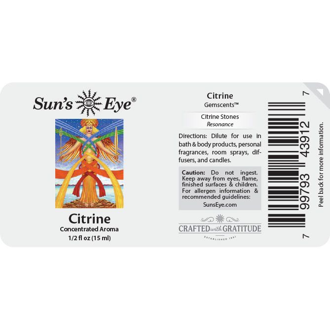 Sun's Eye Citrine Gemscents label with product information and branding. Sun's Eye Scentsium