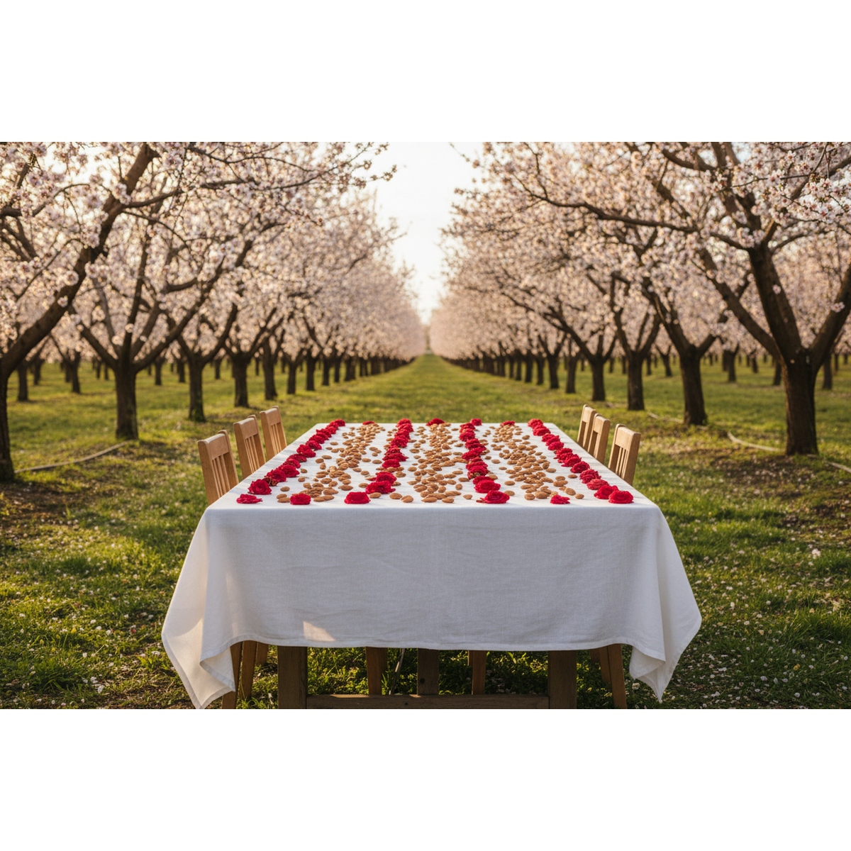 Table set with a rose floral arrangement in the middle of a almond  orchard Sun's Eye Scentsium