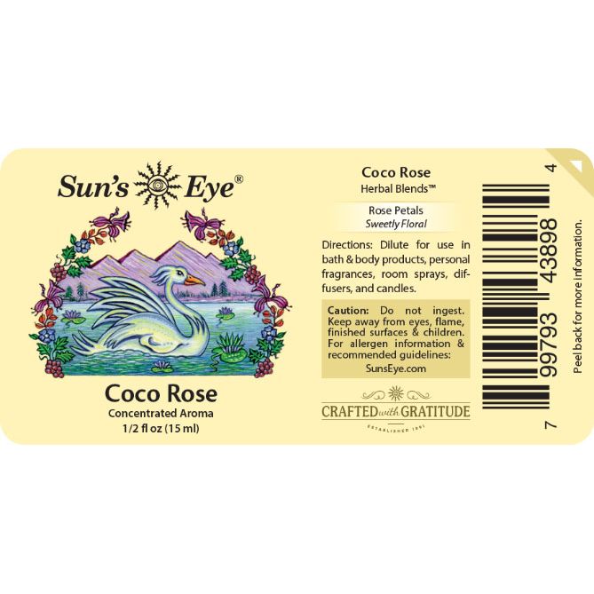 Sun's Eye Coco Rose Herbal Blends label with swan illustration and product details. Sun's Eye Scentsium