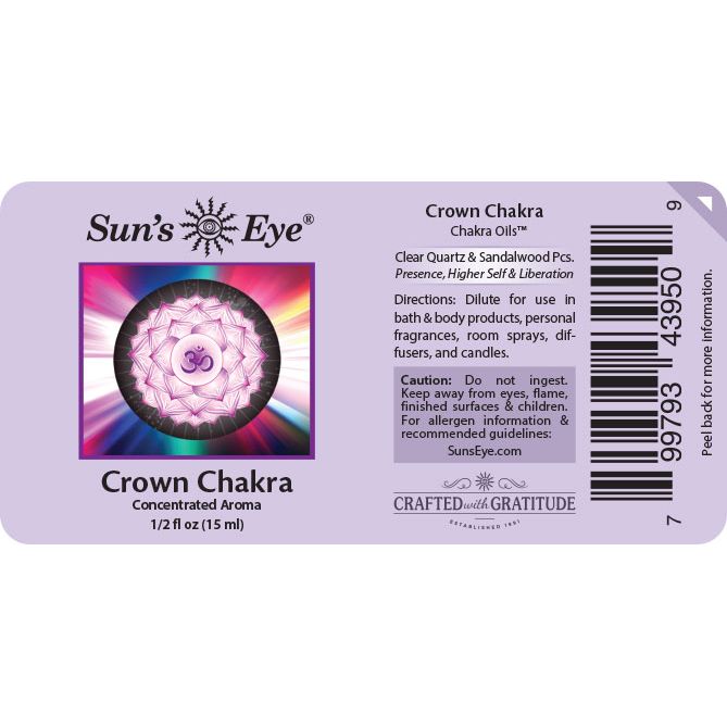 Label of Sun's Eye Crown Chakra Chakra Oil with colorful design and text. Sun's Eye Scentsium