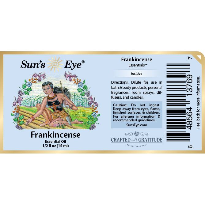 Sun's Eye Frankincense essential oil label with artistic design and text. Sun's Eye Scentsium