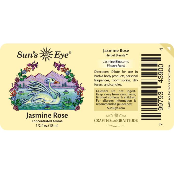 Sun's Eye Jasmine Rose herbal blends label with swan illustration and product details. Sun's Eye Scentsium