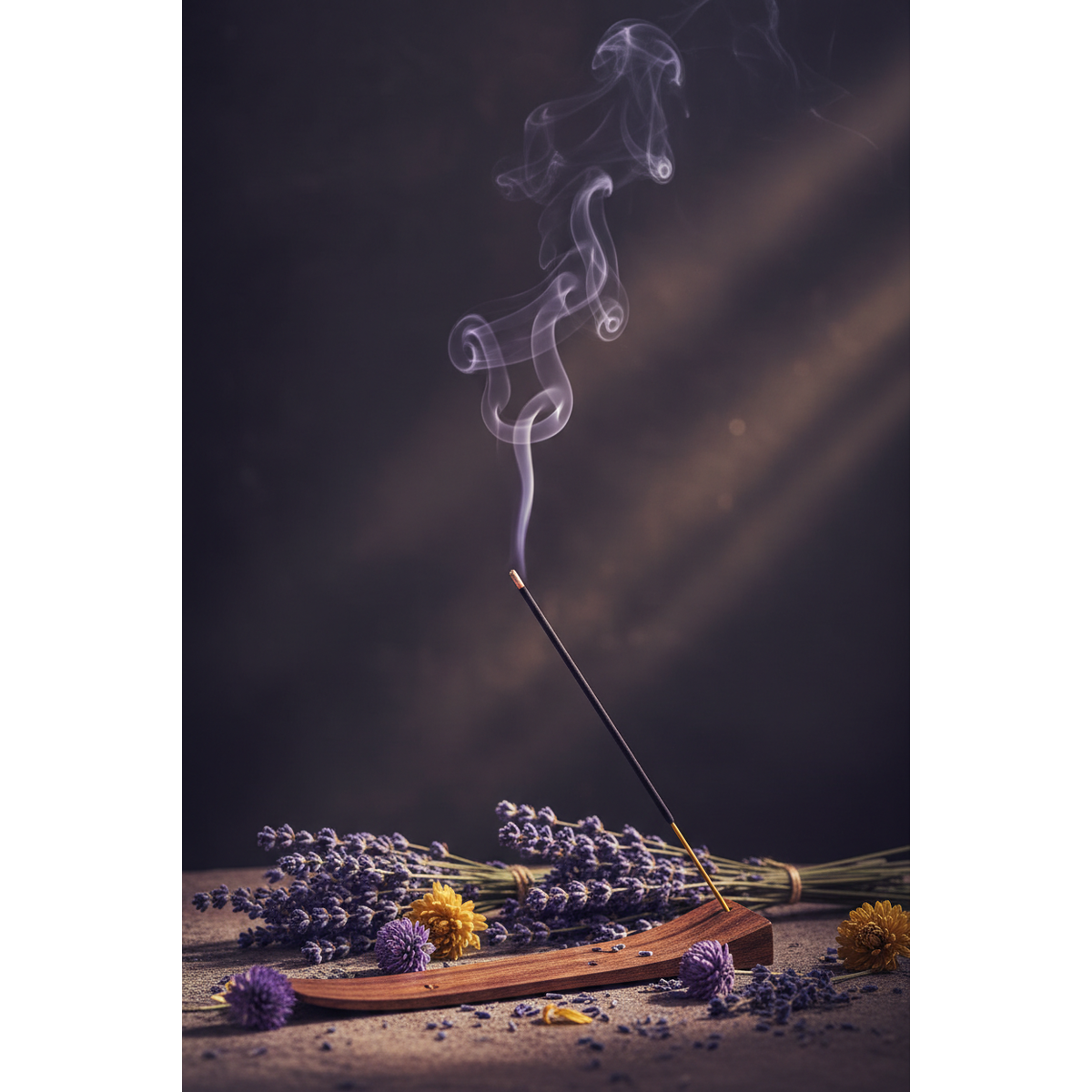 Incense stick with smoke rising above lavender flowers on a dark background Sun's Eye Scentsium