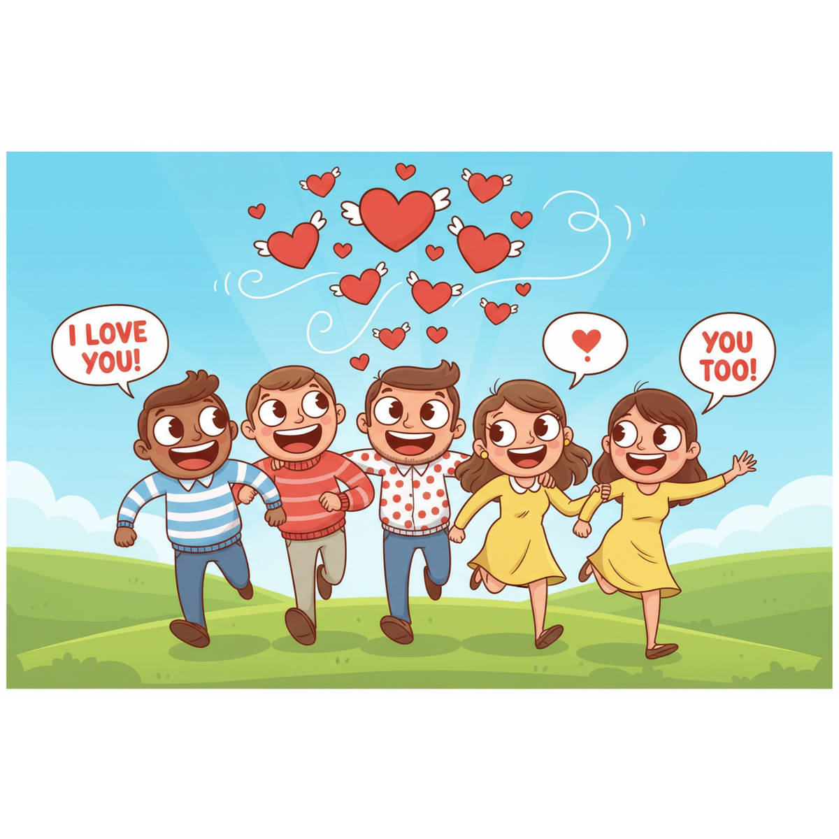 Cartoon children running together with hearts and speech bubbles saying 'I love you!' and 'You too!'. Sun's Eye Scentsium