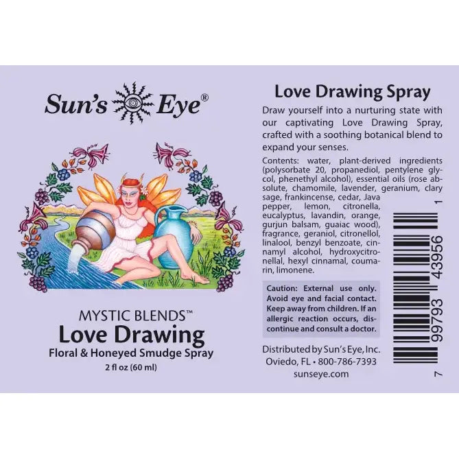 Label of Sun's Eye Love Drawing spray with fairy illustration and product details. Sun's Eye Scentsium