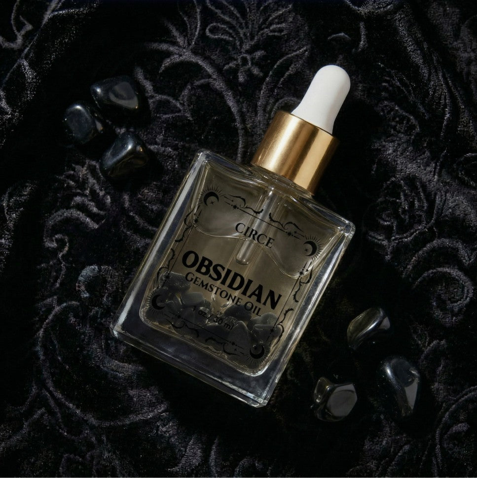 Aceite Corporal de Obsidiana Negra — Aceite Iluminador Protector y de Enraizamiento con Ámbar y Vainilla