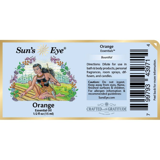 Sun's Eye Orange Essential Oil label with artistic design and text. Sun's Eye Scentsium