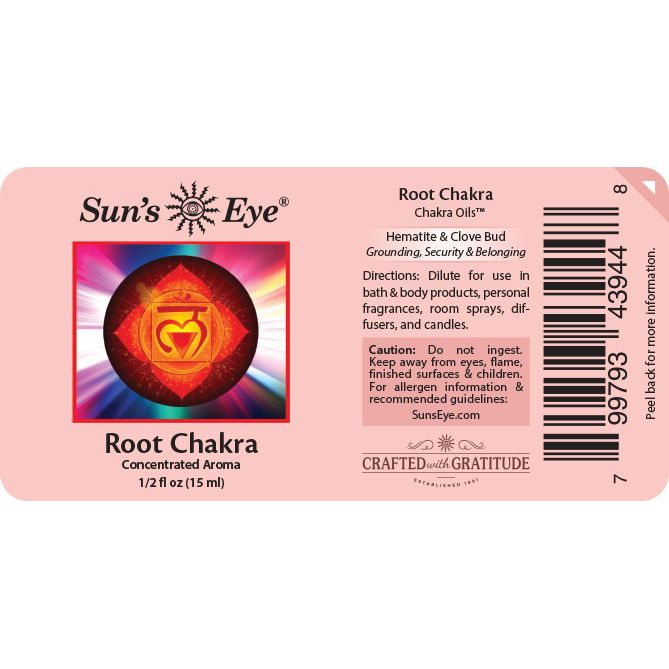 Label for Sun's Eye Root Chakra concentrated aroma with colorful design and text. Sun's Eye Scentsium