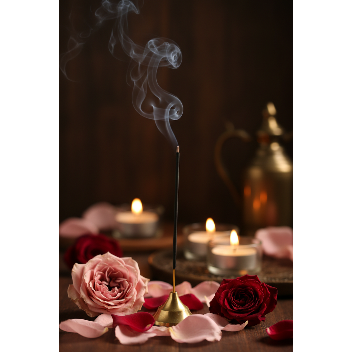 Rose Incense stick with smoke, candles, and roses on a dark background Sun's Eye Scentsium