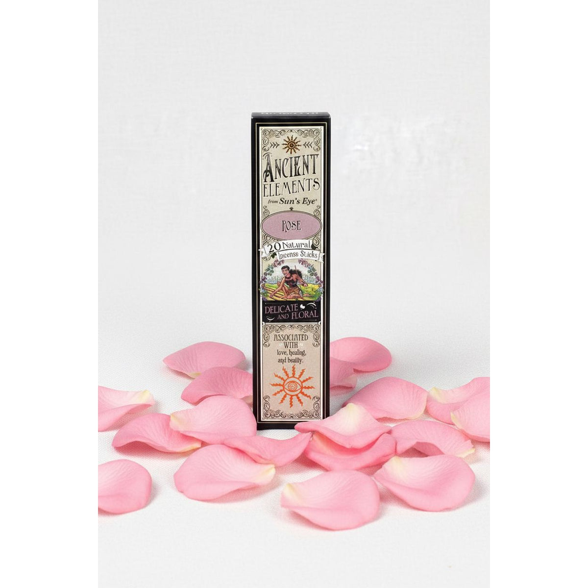 Box of 'Ancient Elements' incense sticks with decorative design on a white background Sun's Eye Scentsium
