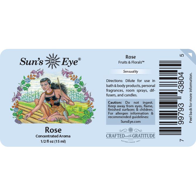 Sun's Eye Rose fragrance label with artistic depiction of a woman and floral elements. Sun's Eye Scentsium