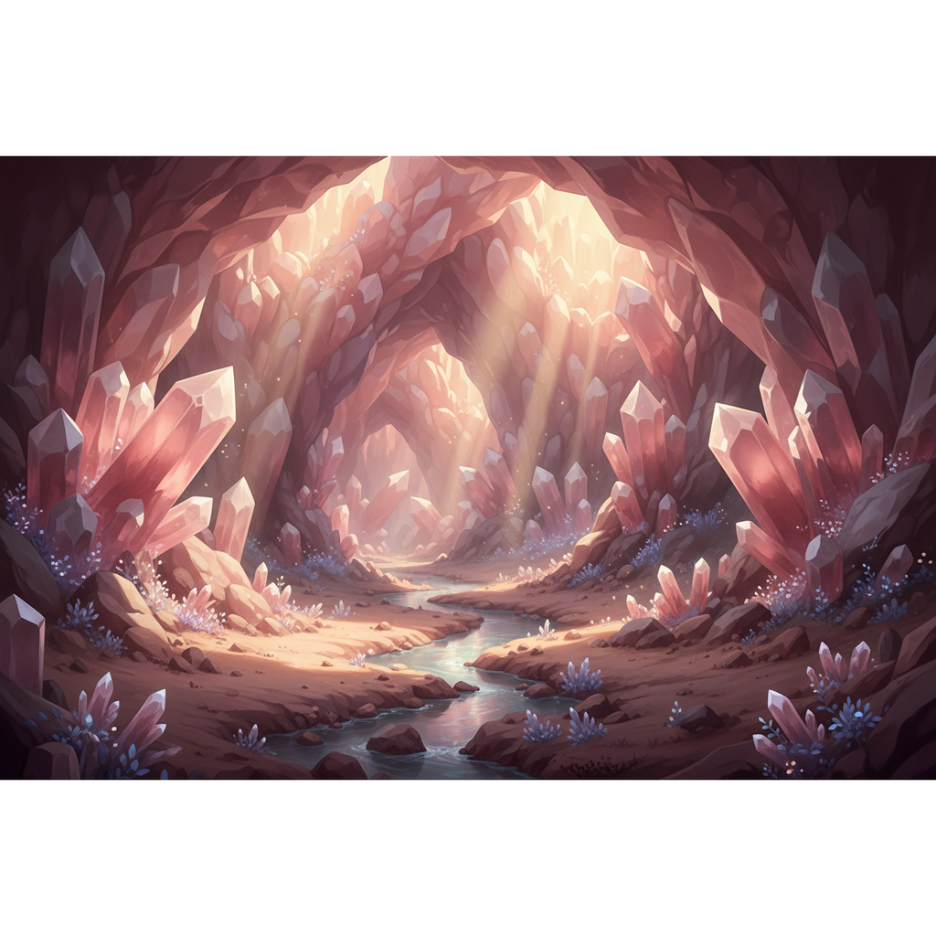 Rose quartz fantasy cave with crystal formations and a stream Sun's Eye Scentsium