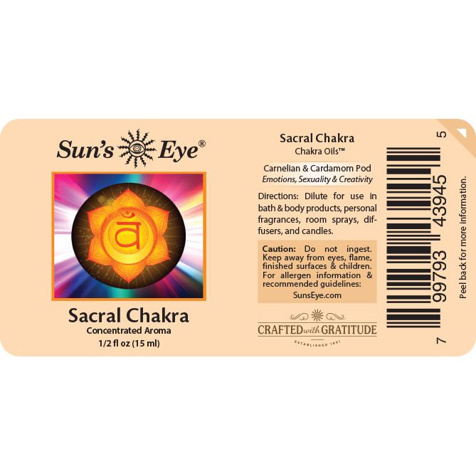 Sun's Eye Sacral Chakra essential oil label with chakra symbol and product details. Sun's Eye Scentsium
