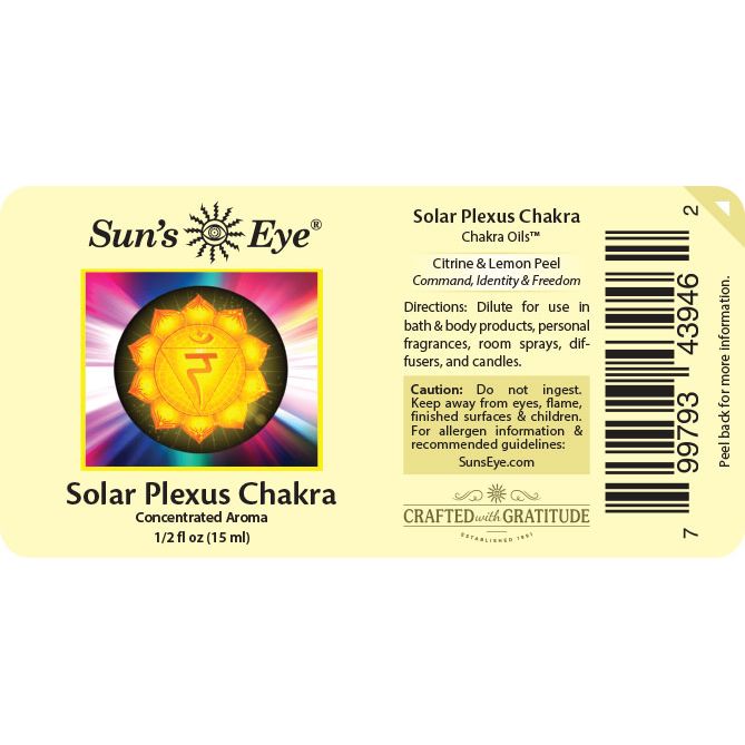 Label of Sun's Eye Solar Plexus Chakra oil with colorful design and text. Sun's Eye Scentsium