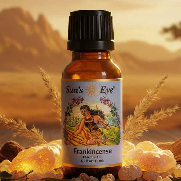 1/2 fl oz Bottle of Sun's Eye Frankincense essential oil on a light gray background.