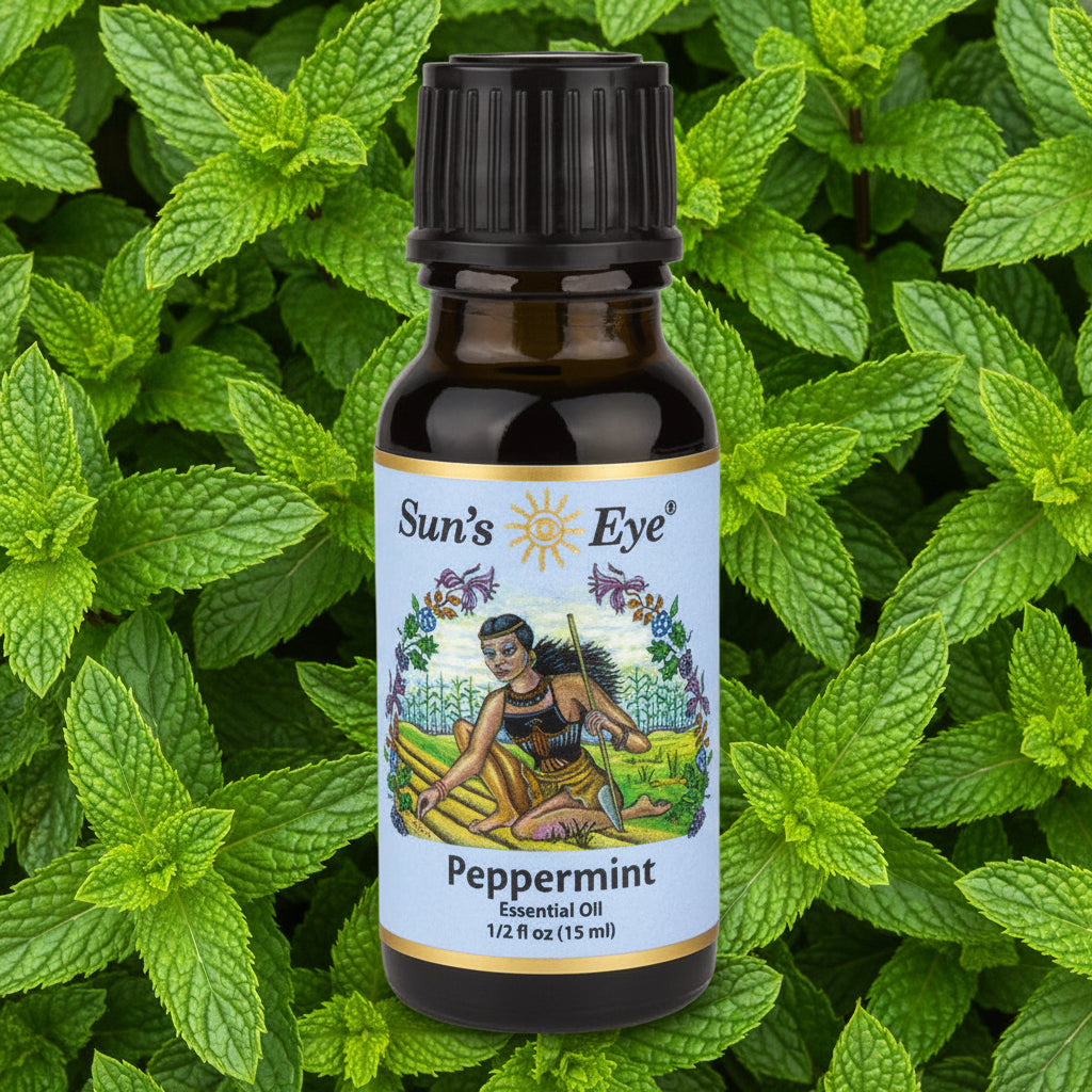 Bottle of Sun's Eye Peppermint essential oil on a peppermint leaves background