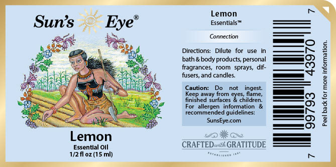 Sun's Eye Lemon Essential Oil label with artistic design and text.