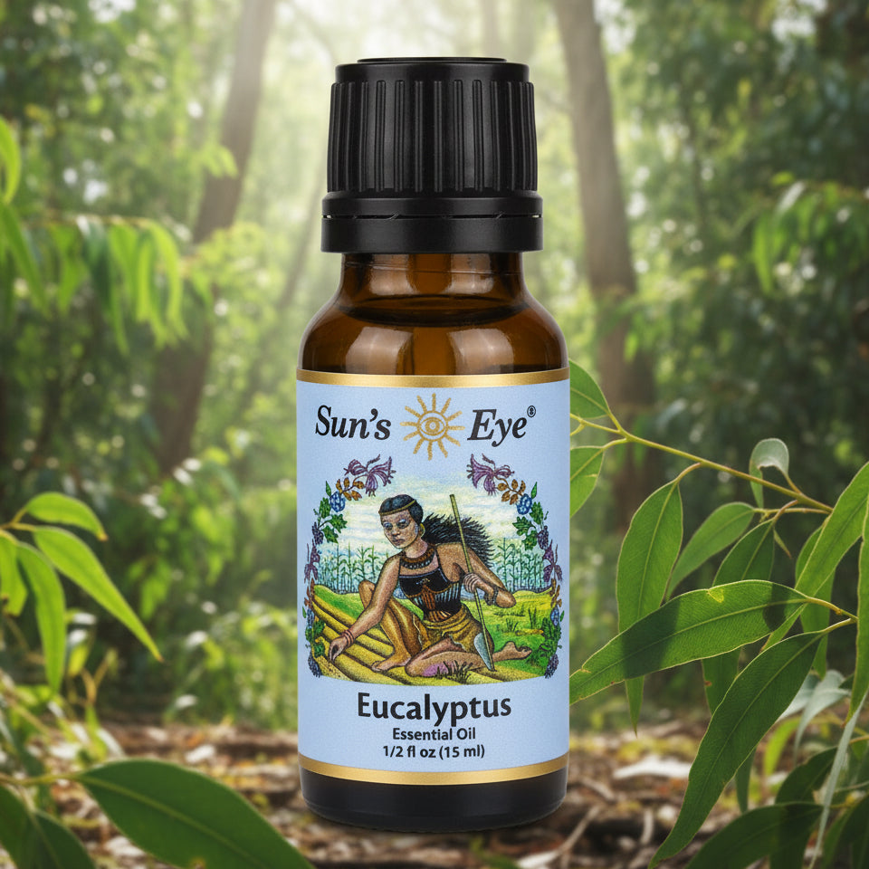 Bottle of Sun's Eye Eucalyptus essential oil on a light gray background
