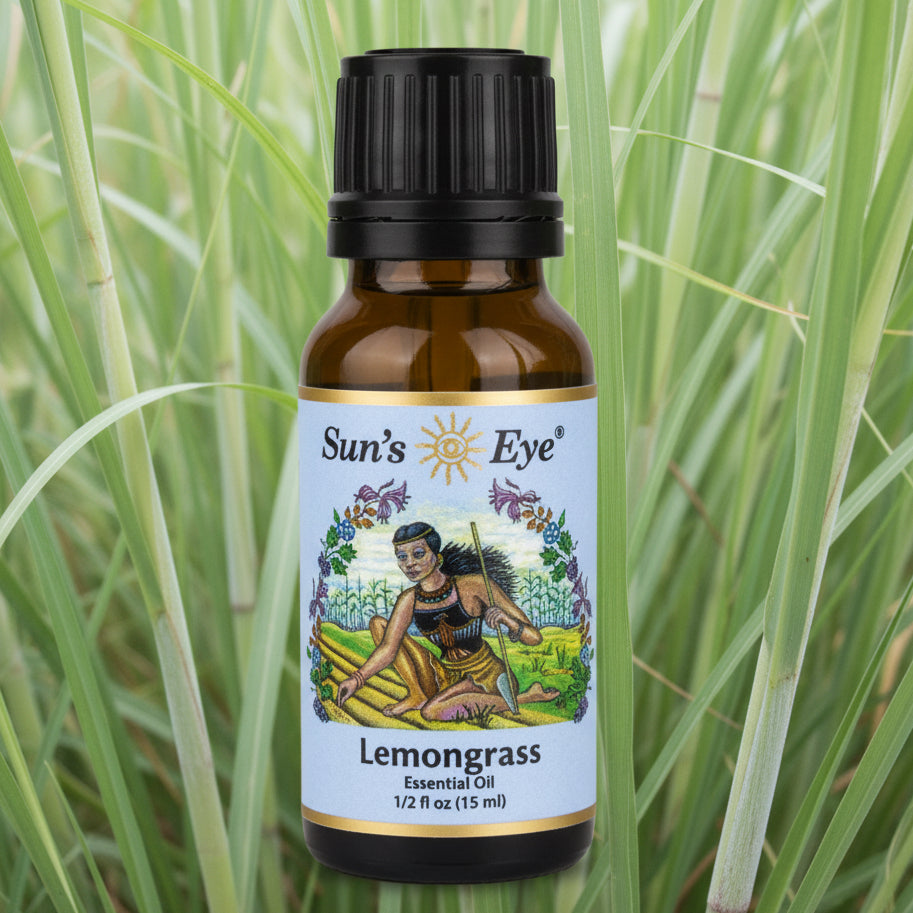 Bottle of Sun's Eye Lemongrass essential oil
