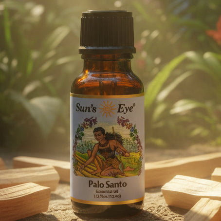 Bottle of Sun's Eye Palo Santo essential oil on a light gray background