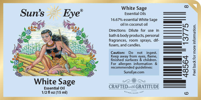 Sun's Eye White Sage essential oil label with illustration of a Native American woman and floral elements.