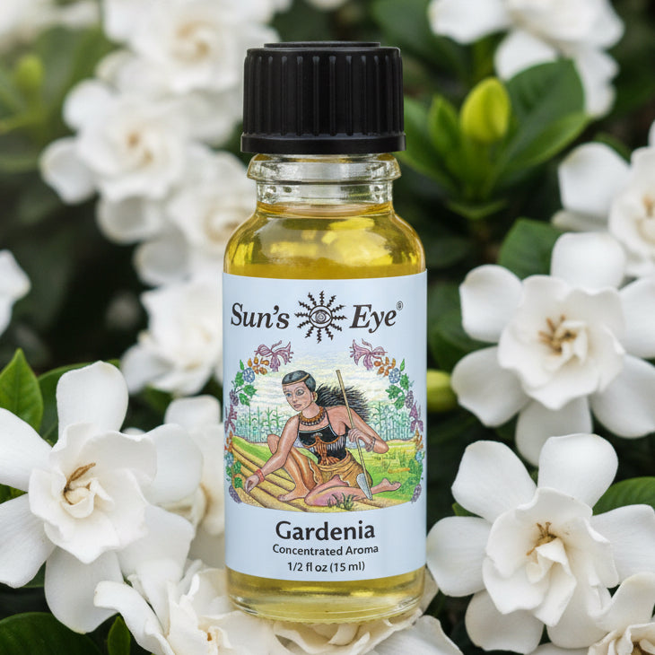 Bottle of Sun's Eye Gardenia concentrated aroma on a light gray background