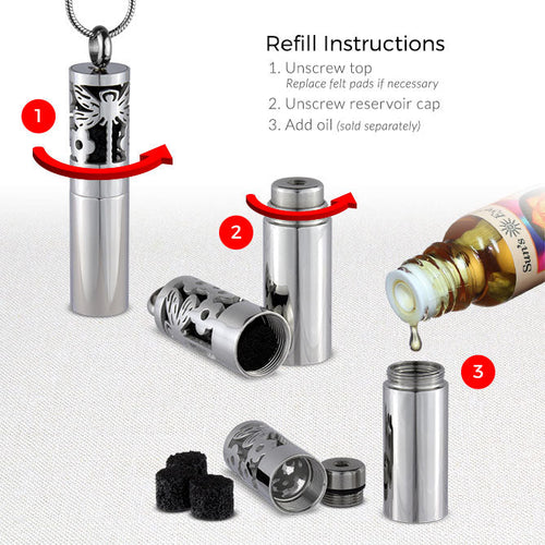 Instructions for refilling a silver cylindrical container with oil on a white background