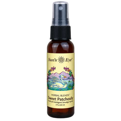 A 2 fl oz amber glass spray bottle of Sun's Eye Sweet Patchouli Herbal Blends, featuring a black spray nozzle and a cream-colored label with a colorful illustration of a swan.