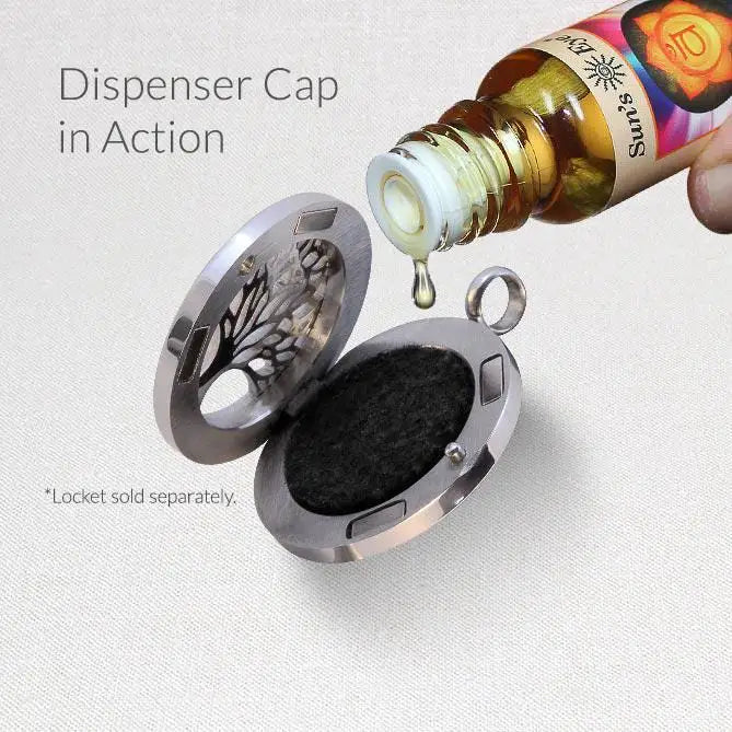 Dispenser cap being used with a bottle of oil, on a light gray background. Sun's Eye Scentsium Sun's Eye Scentsium