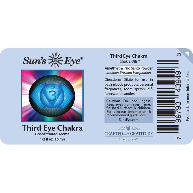 Label for Sun's Eye Third Eye Chakra product with colorful design and text. Sun's Eye Scentsium