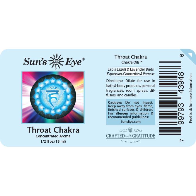 Label for Sun's Eye Throat Chakra Chakra Oil with colorful design and text. Sun's Eye Scentsium