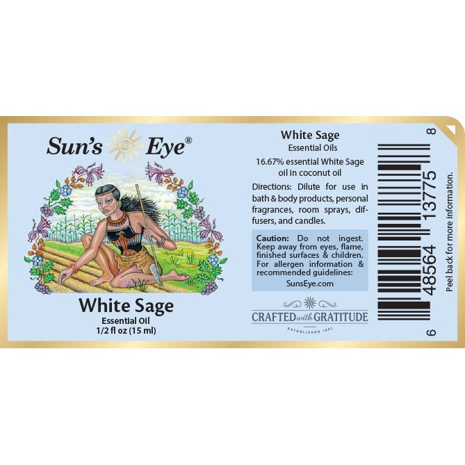 Sun's Eye White Sage essential oil label with illustration of a Native American woman and floral elements. Sun's Eye Scentsium