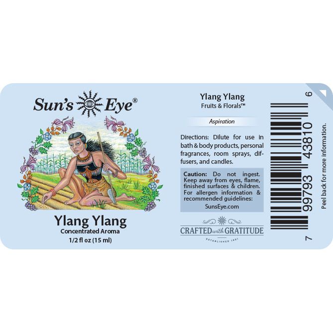 Sun's Eye Ylang Ylang label with artistic depiction of a woman and floral elements. Sun's Eye Scentsium