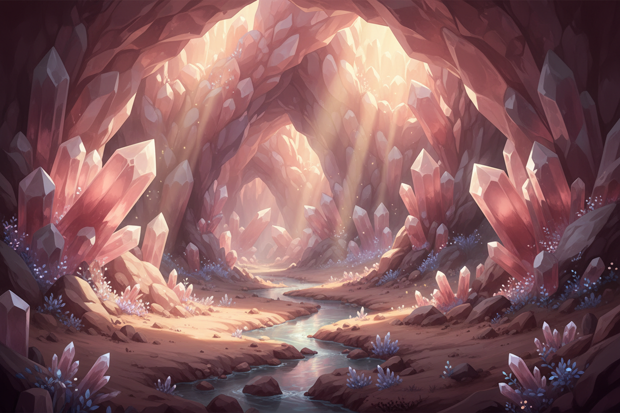 Rose quartz fantasy cave with crystal formations and a stream