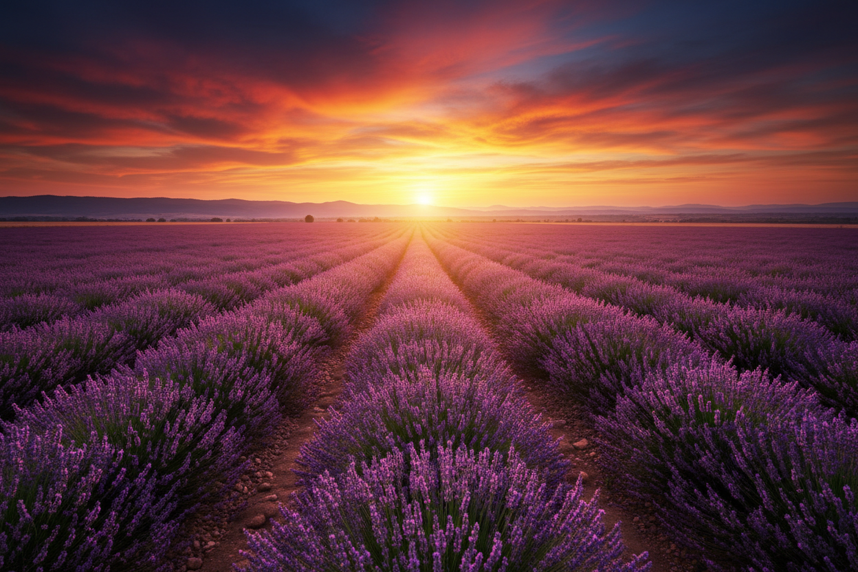 Sunset over a lavender field with vibrant colors