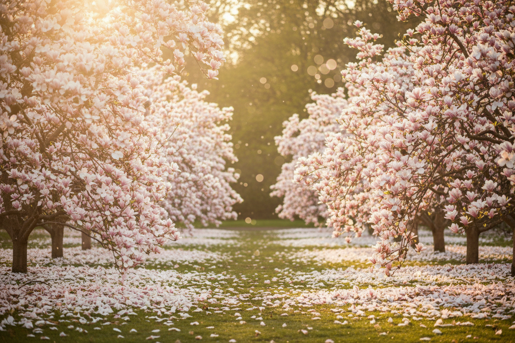 Magnolia blossom trees in full bloom with sunlight filtering through the branches.