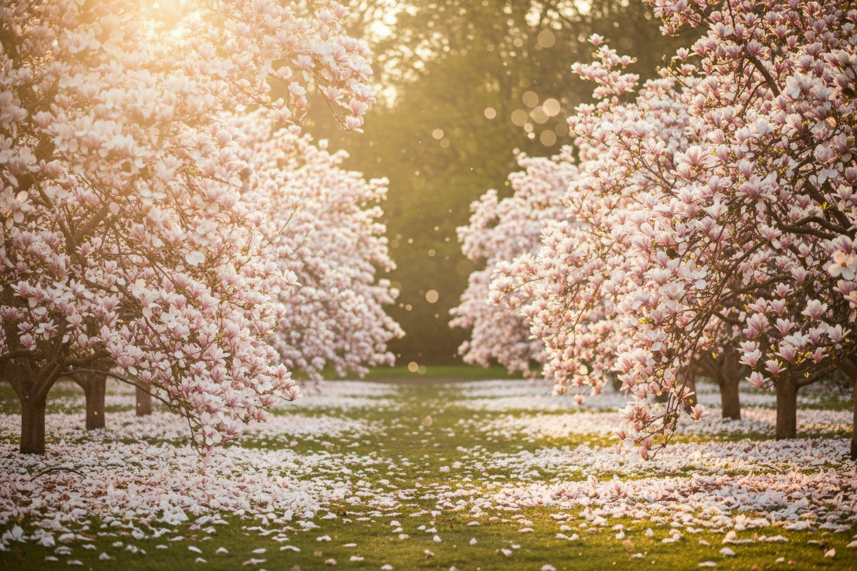 Magnolia blossom trees in full bloom with sunlight filtering through the branches.