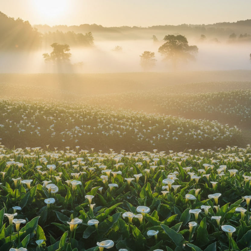 lilies of the valley with misty trees and sunlight in the background